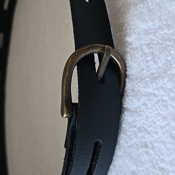 Men's Unique Black Leather Brass Buckle & Loop Closure Sz L - Picture 6 of 10